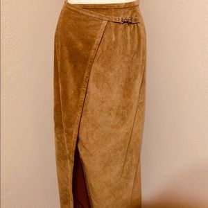 Wrap front camel suede long leather skirt
